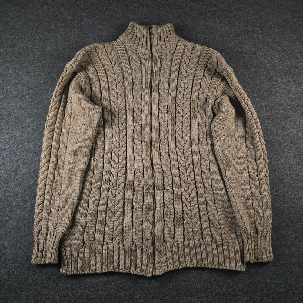 Peregrine Tan Full Zip Sweater Cable Knit Wool Minimalist Fisherman Men's XL
